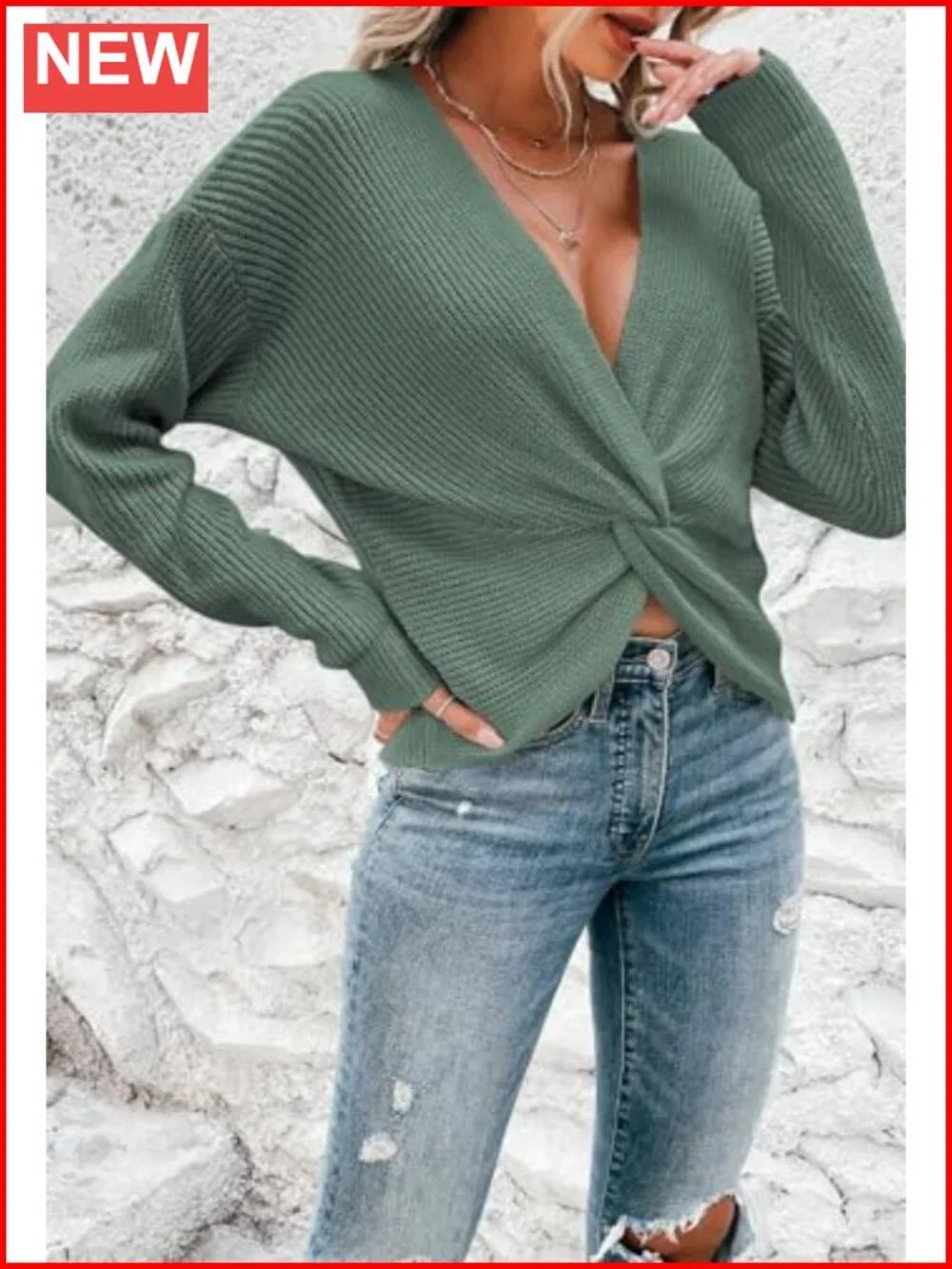 Women's Deep V Neck Twist Front Cropped Sweater Long Sleeve Knit Pullover